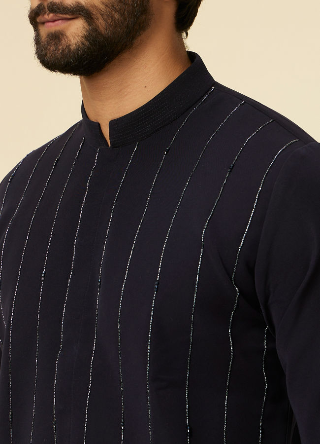 alt message - Manyavar Men Dark Blue Striped Patterned Kurta image number 1